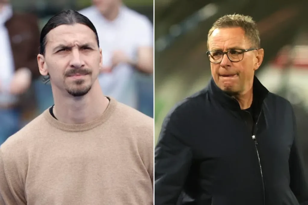 Zlatan Ibrahimovic in maglietta beige e Ralf Rangnick con occhiali e giacca nera