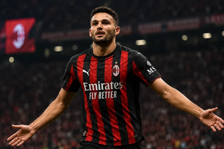 Gonçalo Ramos in maglia Milan rossonera con le braccia aperte durante una partita