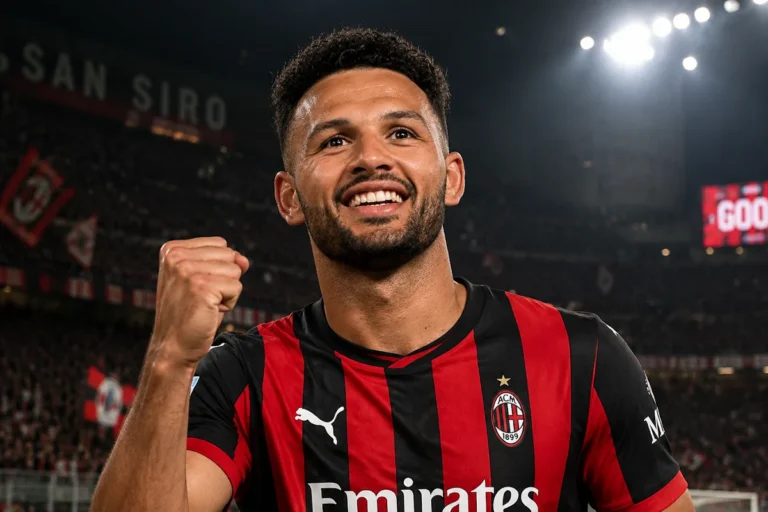 Gonçalo Ramos esulta con il pugno chiuso indossando la maglia del Milan a San Siro