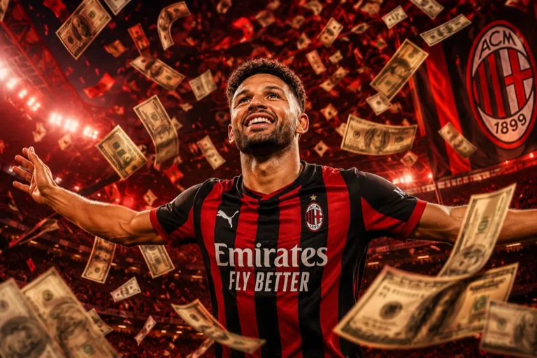 Gonçalo Ramos in maglia Milan sorride con le braccia aperte, circondato da banconote che cadono sullo sfondo rossonero
