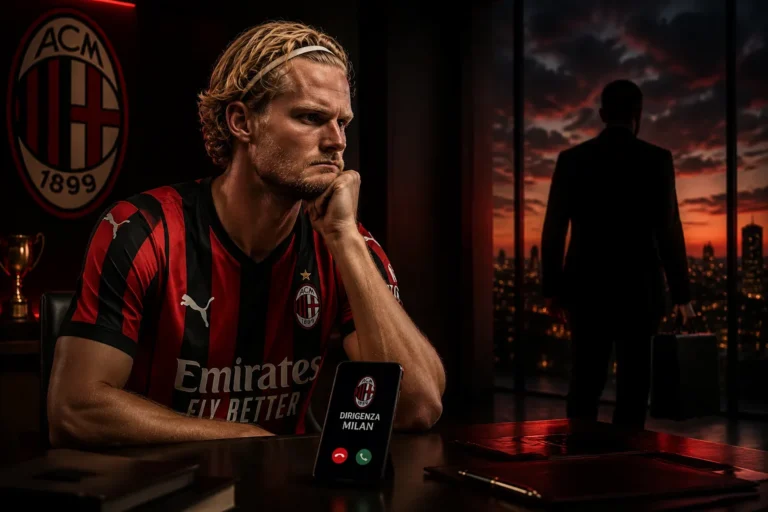 Hjulmand in maglia Milan rossonera pensa durante una riunione con lo stemma ACM sullo sfondo