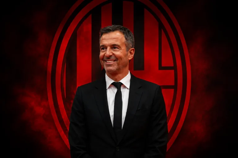 Jorge Mendes in abito scuro e cravatta davanti allo stemma del Milan