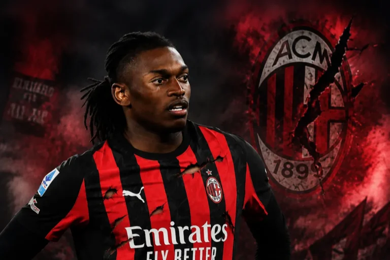 Rafael Leao in maglia rossonera del Milan con logo ACM sullo sfondo, sguardo concentrato durante la partita