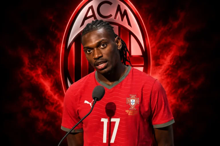 Rafael Leão in conferenza stampa con maglia Portogallo numero 17 davanti al logo ACM del Milan