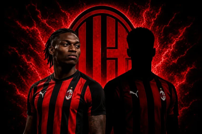Leao in maglia rossonera con sfondo del logo rosso del club e effetto luminoso