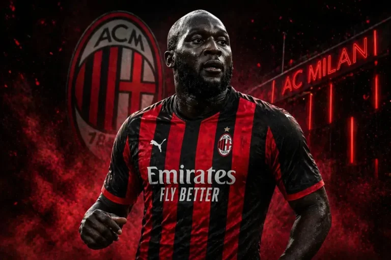 Romelu Lukaku in maglia AC Milan con stemma rossonero e sponsor Emirates, grafica promozionale