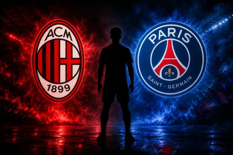 Silhouette di giocatore tra i loghi del Milan e PSG Saint-Germain con effetti di fuoco rosso e blu