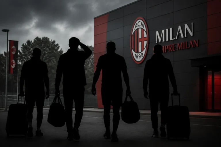 Quattro figure in silhouette con valigie davanti alla sede del Milan, simbolo delle cessioni e del mercato rossonero