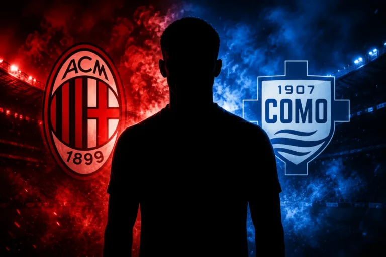Silhouette di giocatore tra i loghi del Milan e del Como, mercato calcistico su sfondo rosso e blu