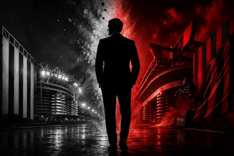 Silhouette di un dirigente davanti a uno stadio di calcio illuminato di rosso e nero, simbolo della scelta tra due club