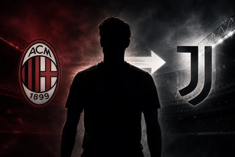 Silhouette di giocatore tra i loghi di Milan e Juventus con freccia di trasferimento