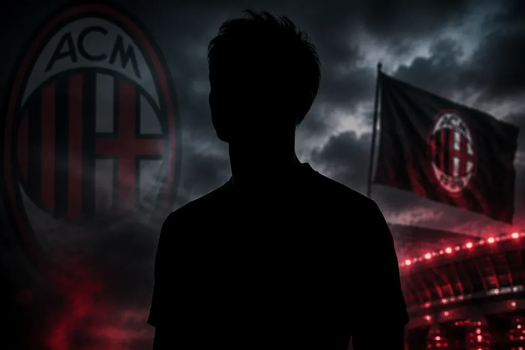 Silhouette di giocatore del Milan con stemma rossonero e bandiera sullo sfondo