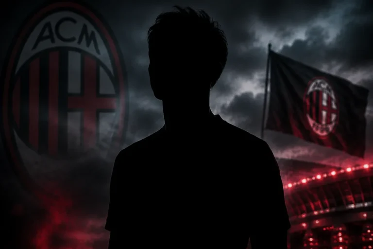 Silhouette di giocatore con stemma Milan sullo sfondo e bandiere rosse
