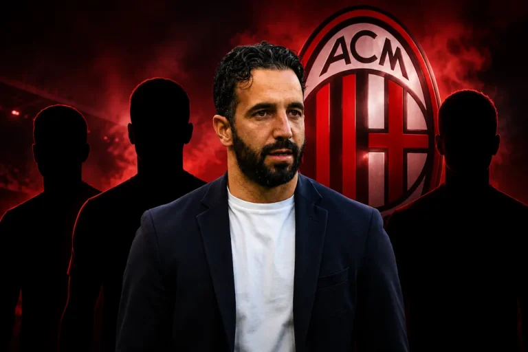 Amorim in blazer blu davanti al logo ACM del Milan con figure silhouettate sullo sfondo rosso