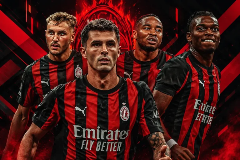 Quattro giocatori del Milan in maglia rossonera con lo sponsor Emirates durante una composizione grafica promozionale