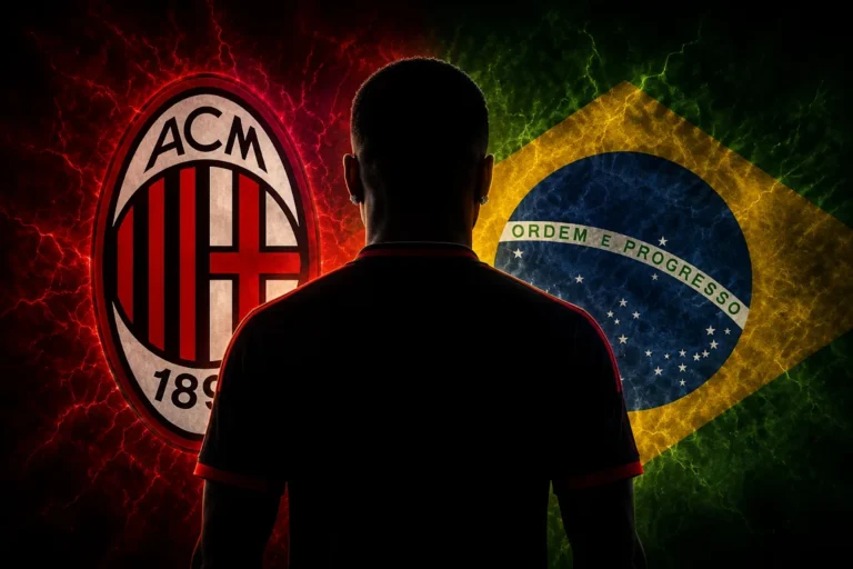 Silhouette di giocatore tra lo stemma del Milan e la bandiera brasiliana, rappresentazione del mercato calcistico Milan