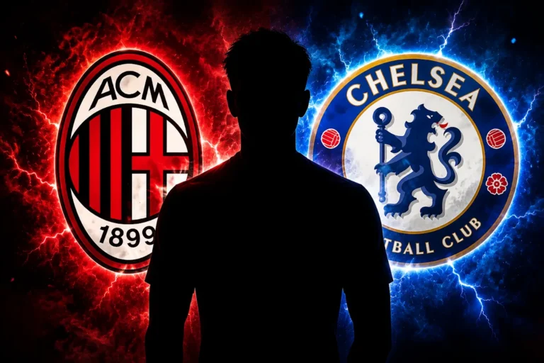 Silhouette di giocatore tra i loghi del Milan e Chelsea con effetti luminosi rossi e blu