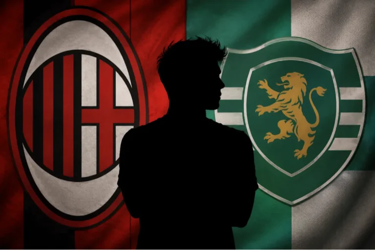 Silhouette di giocatore tra gli stemmi del Milan e dello Sporting Lisbona, mercato calcistico