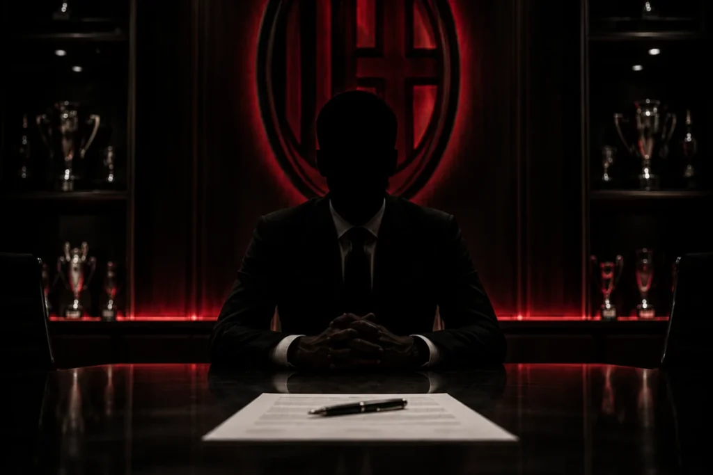 Silhouette di uomo in abito scuro seduto a una scrivania con logo Milan rosso sullo sfondo e trofei illuminati