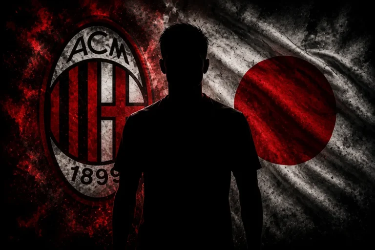 Silhouette di giocatore davanti al logo del Milan e bandiera giapponese, mercato calcio