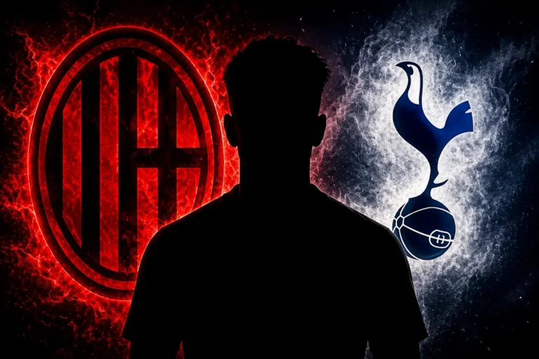 Silhouette di giocatore tra i loghi del Milan e del Tottenham con effetti di fuoco e ghiaccio