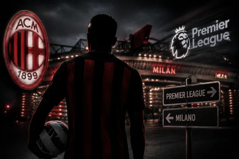 Giocatore del Milan in maglia rossonera con pallone di fronte allo stadio San Siro, con cartelli Premier League e Milano sullo sfondo