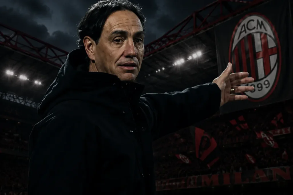 Nesta in giacca nera nello stadio del Milan, gesto con la mano durante una situazione di gioco
