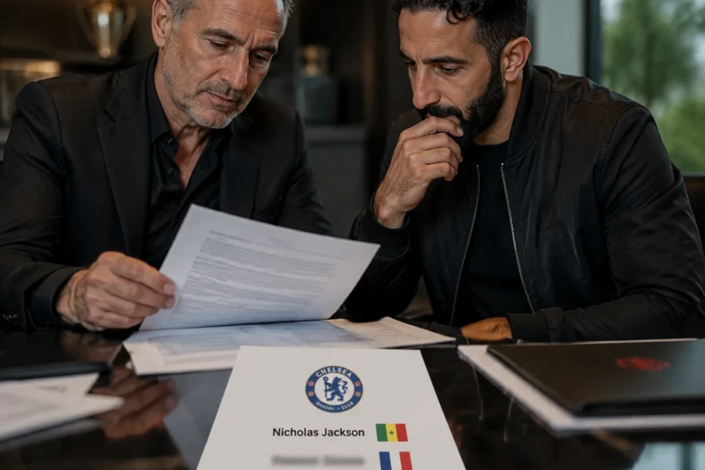 Due uomini in giacca nera esaminano documenti a una scrivania con il logo Chelsea Football Club e nome Nicholas Jackson visibile