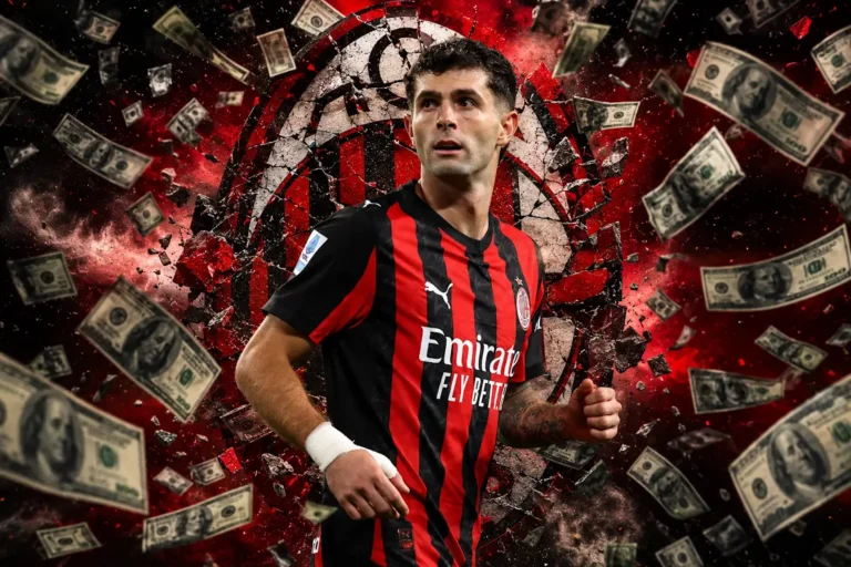 Pulisic in maglia Milan con sfondo rosso e nero, grafica con banconote e effetti esplosivi