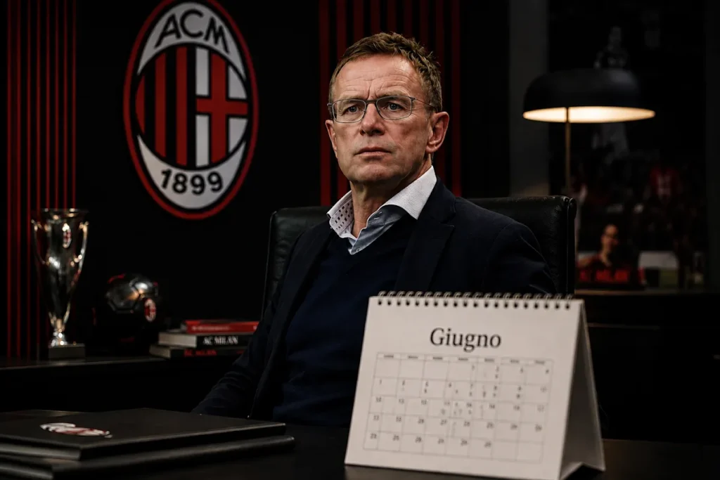 Ralf Ragnick durante una conferenza stampa presso la sede del Milan, con il logo rossonero sullo sfondo