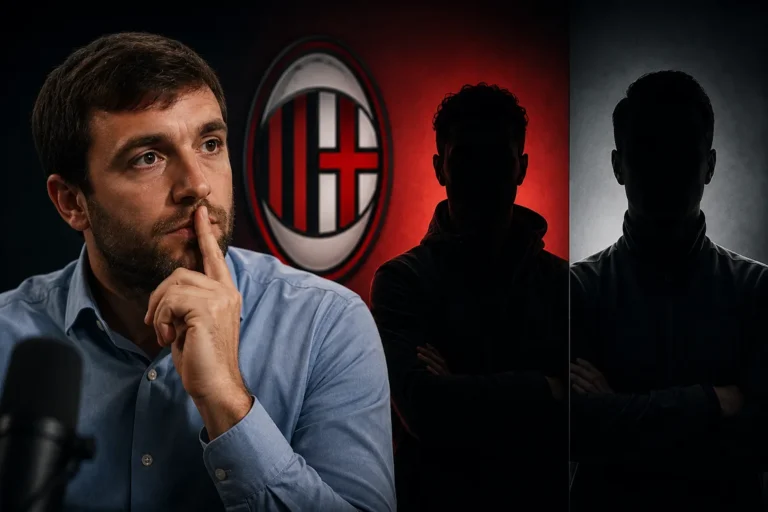 Uomo in camicia blu con espressione pensierosa davanti al logo del Milan rossonero