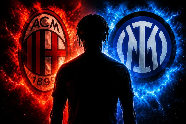 Silhouette di giocatore tra i loghi del Milan e dell'Inter con effetti di fuoco e fulmine, rappresentazione della rivalità di mercato