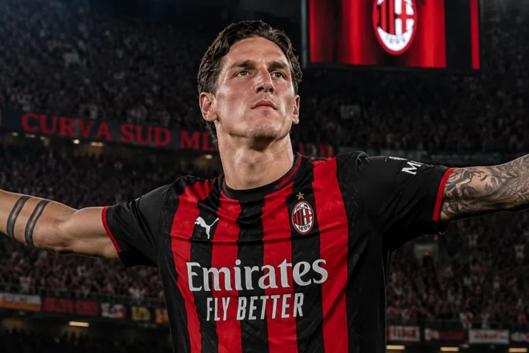 Nicolò Zaniolo con la maglia del Milan celebra allo stadio con le braccia aperte