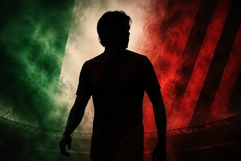 Silhouette di calciatore davanti ai colori della bandiera italiana rosso, bianco e verde