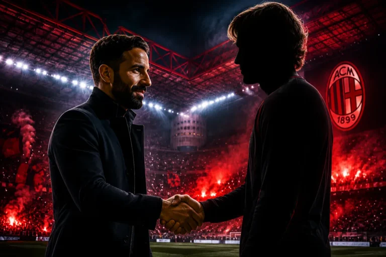 Due uomini in giacca nera si stringono la mano nello stadio San Siro con lo stemma del Milan e fumogeni rossi sullo sfondo