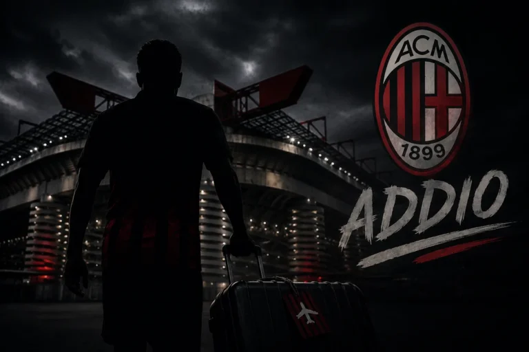 Silhouette di giocatore con valigia davanti allo stadio San Siro illuminato e logo AC Milan con scritta Addio