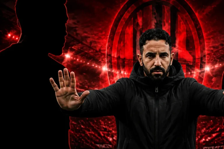 Amorim con mano alzata in gesto deciso davanti allo stemma del Milan illuminato di rosso