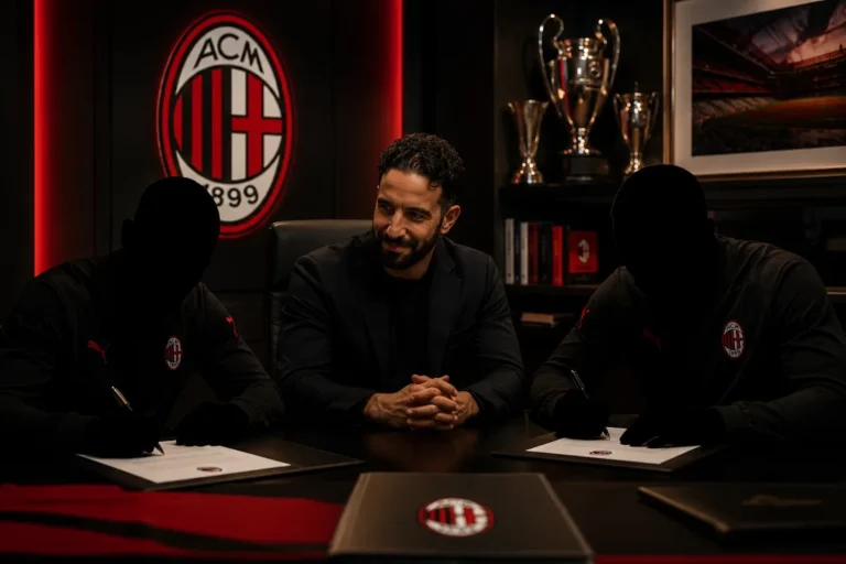 Amorim durante una riunione ufficiale al Milan davanti al logo rossonero illuminato e ai trofei storici