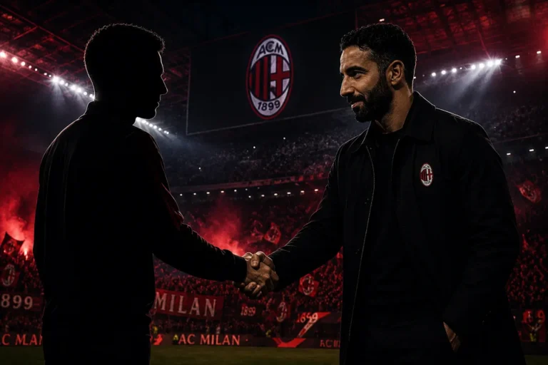 Due uomini si stringono la mano nello stadio del Milan con lo stemma rossonero e la folla sullo sfondo