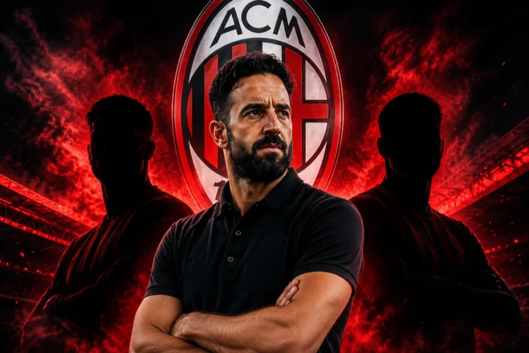 Amorim in polo nera con braccia conserte davanti al logo ACM, circondato da sagome rosse