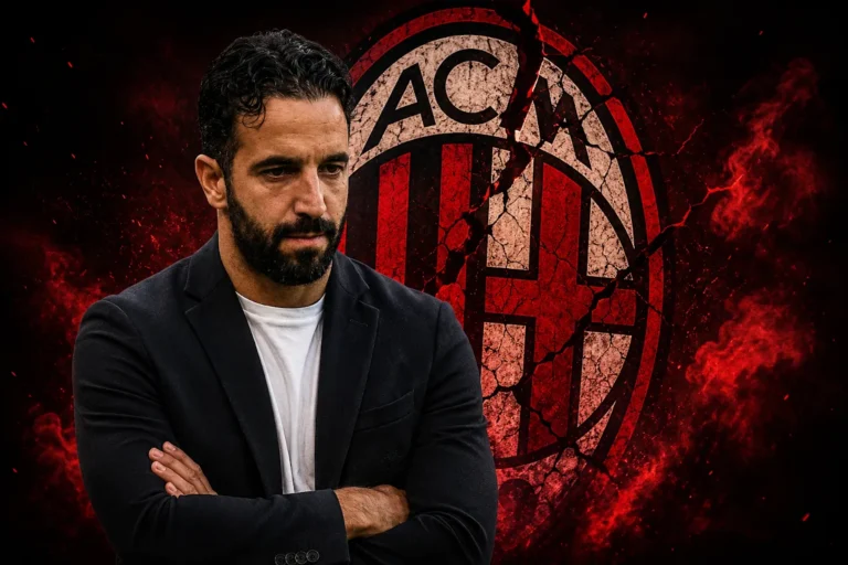 Amorim con braccia incrociate e espressione seria davanti al logo del Milan su sfondo rosso