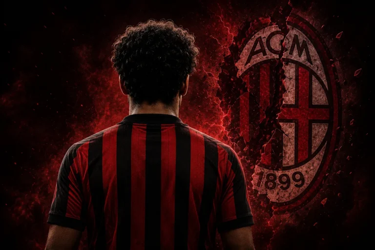 Giocatore di spalle con maglia rossonera del Milan a righe rosse e nere, stemma ACM sullo sfondo