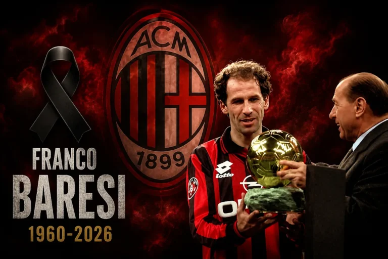 Franco Baresi in maglia Milan con Pallone d'Oro, tributo 1960-2026 con logo ACM e stemma rossonero