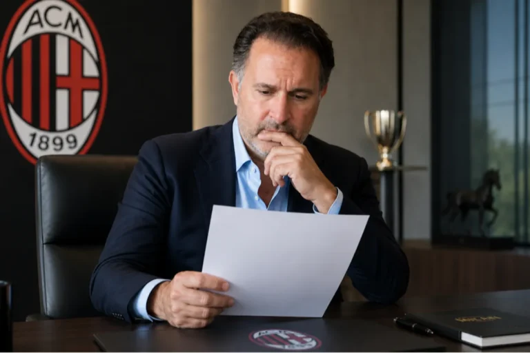 Cardinale in abito blu esamina documenti alla scrivania con lo stemma dell'AC Milan 1899 sullo sfondo
