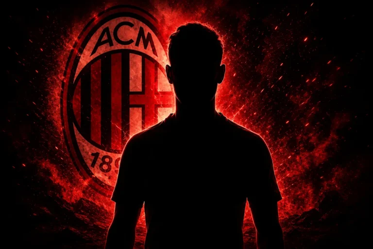 Silhouette di giocatore davanti al logo del Milan con effetto fuoco rosso