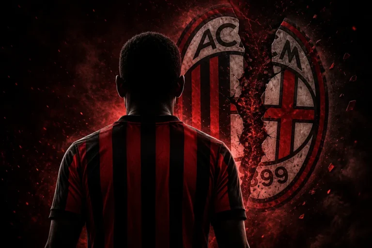 Giocatore Milan di spalle in maglia rossonera con logo AC Milan sullo sfondo, grafica con effetto particelle rosse