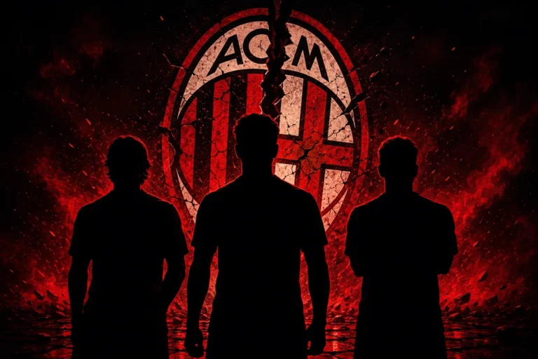 Tre silhouette di giocatori davanti al logo rossonero del Milan in fiamme, immagine simbolica di mercato e cessioni