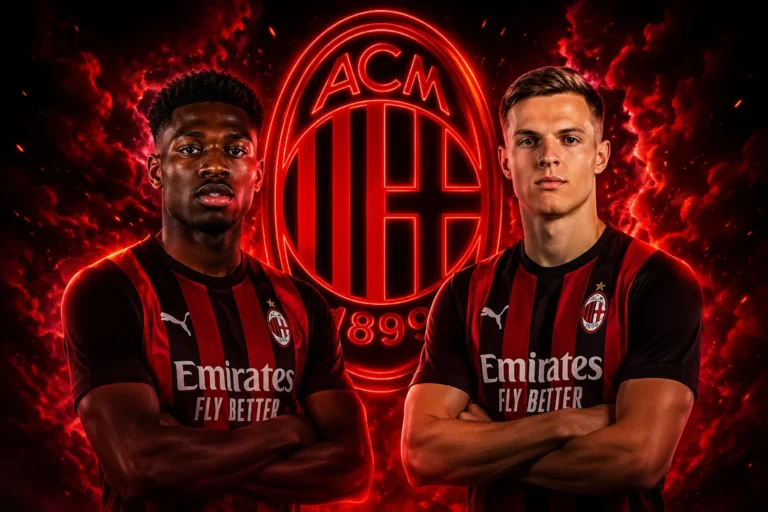 Cissè e Kostić in maglia Milan con logo ACM neon sullo sfondo rosso fiamma