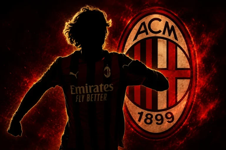 Silhouette di giocatore del Milan con maglia Emirates Fly Better davanti al logo rossonero con sfondo fiamme rosse