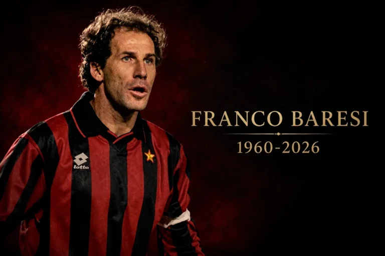 Franco Baresi in maglia Milan Lotto rossonera e nera, ritratto commemorativo 1960-2026